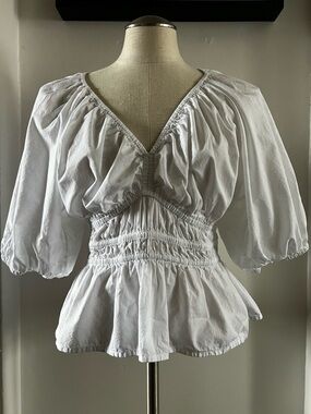 Old Navy White Smocked Peplum V-Neck Top with Puff Sleeves